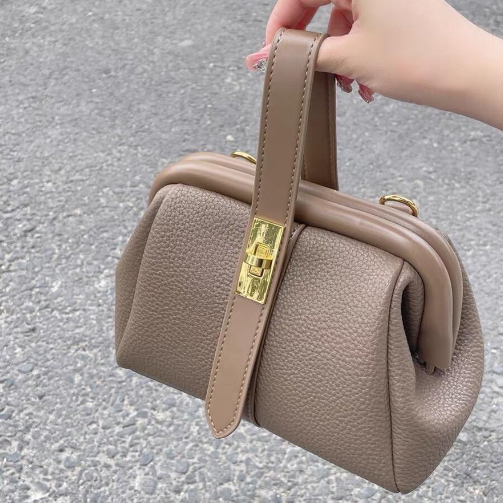 Unique top handle/crossbody vegan leather handbag - grey taupe